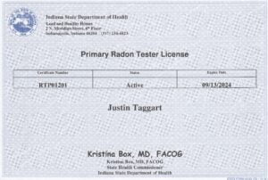 Primary Radon Tester License - Justin Taggart